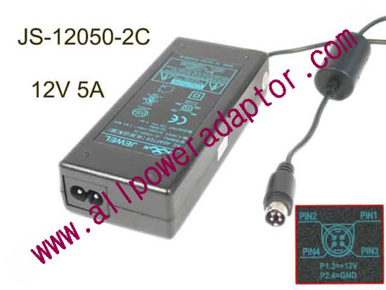 Jewel JS-12050-2C AC Adapter - NEW Original 12V 5A, 4-Pin DIN, 2-Prong, New