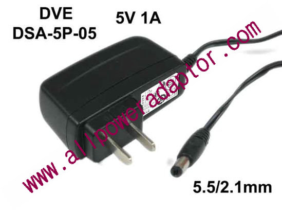 DVE DSA-5P-05 AC Adapter - NEW Original 5V 1A, 5.5/2.1mm, US 2-Pin pulg, New