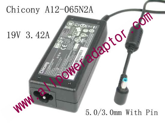 Chicony A12-065N2A AC Adapter- Laptop 19V 3.42A, Barrel 5.0/3.0mm With Pin, 3-Prong