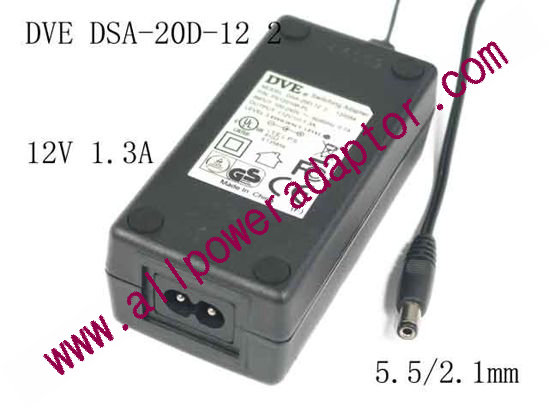 DVE DSA-20D-122 AC Adapter - NEW Original 12V 1.3A, Barrel 5.5/2.1mm, 2-Prong, New