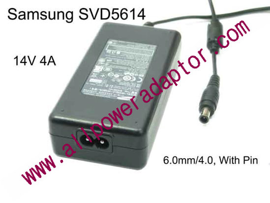 Samsung Laptop AC Adapter 13V-19V 14V 4A, Barrel 6.0mm/4.0, With Pin, 2Prong