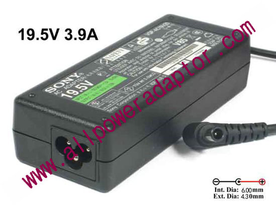 Sony AC Adapter - NEW Original VGP-AC19V34, 19.5V 3.9A, 6.0mm/4.3, Pin, 3-Prong,