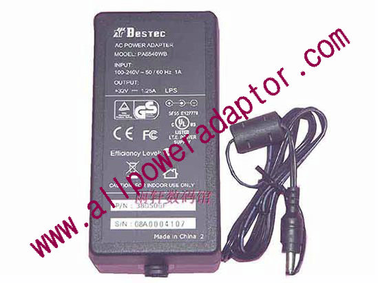 NEW Bestec PA6540WB AC Adapter - NEW Original PA6540WB, 32V 1.25A, 3-Hole, Tip, C14, New