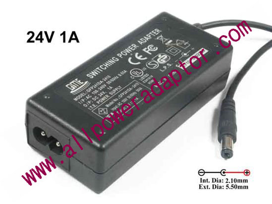 GME GFP241DA-2410 AC Adapter - NEW Original GFP241DA-2410, 24V 1A, 5.5/2.1mm, 2-Prong, New - Click Image to Close