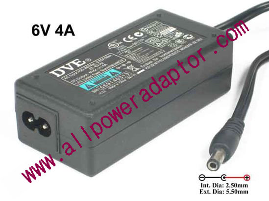 Other Brands DVE AC Adapter - NEW Original 6V 4A, Barrel 5.5/2.5mm, 2-Prong