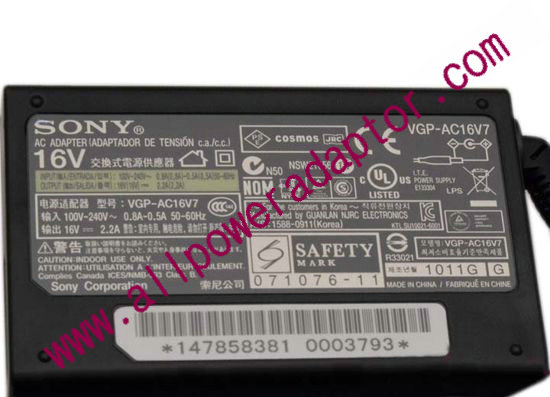 Sony Vaio VGN-UX Series AC Adapter 147858381, 16V 2.2A, 2Prong