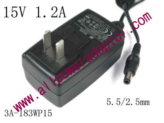 AOK OEM Power AC Adapter 13V-19V 3A-183WP15, 15V 1.2A, Barrel 5.5/2.5mm, US 2-Pin P - Click Image to Close