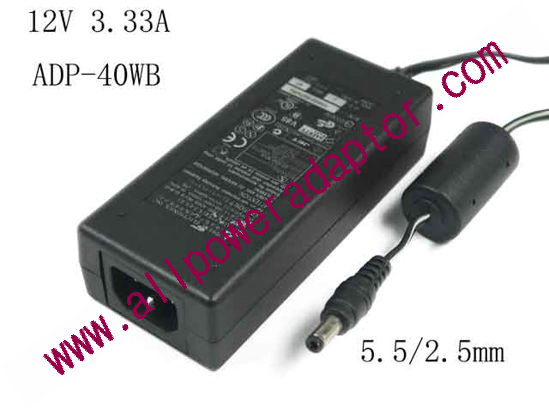 Delta Electronics ADP-40WB REV.B AC Adapter- Laptop 12V 3.33A, Barrel 5.5/2.5mm, IEC C14, New