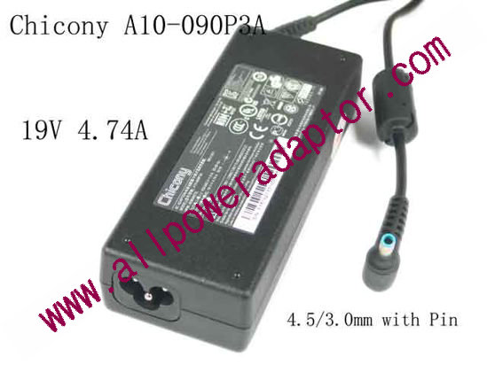 Chicony A10-090P3A AC Adapter- Laptop 19V 4.74A, 4.5/3.0mm W/Pin, 3-Prong - Click Image to Close