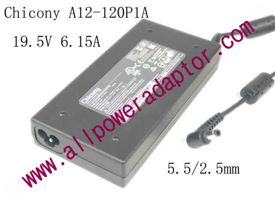 Chicony A12-120P1A AC Adapter- Laptop 19.5V 6.15A, 5.5/2.5mm, 3-Prong