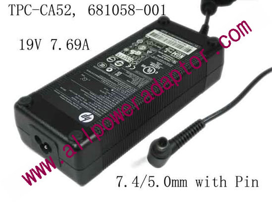 HP AC Adapter- Laptop 19V 7.69A, 7.4/5.0mm W/Pin, 3-Prong