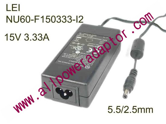 LEI / Leader NU60-F150333-I2 AC Adapter- Laptop 15V 3.33A, Barrel 5.5/2.5mm, 3-Prong
