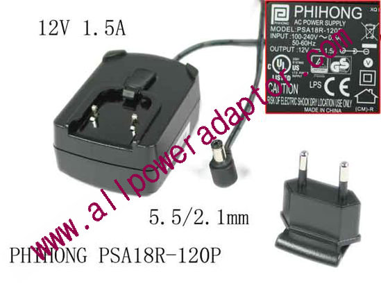 PHIHONG PSA18R-120P AC Adapter - NEW Original 12V 1.5A, Barrel 5.5/2.1mm, EU 2-Pin Plug