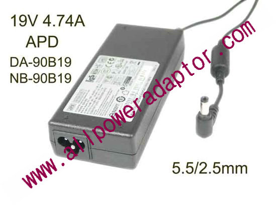 APD / Asian Power Devices DA-90B19 AC Adapter- Laptop 19V 4.74A, 5.5/2.5mm, 3-Prong, New