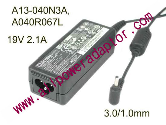 Chicony A13-040N3A AC Adapter- Laptop 19V 2.1A, 3.0/1.0mm, 3P