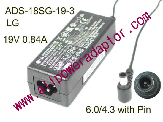 LG AC Adapter (LG) AC Adapter- Laptop ADS-18SG-19-3, 19V 0.84A, 6.0/4.3, Barrel WP, 3P ,