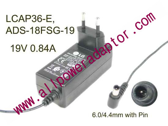 LG AC Adapter (LG) AC Adapter- Laptop LCAP36-E, 19V 0.84A, Barrel WP, EU 2P Plug, New
