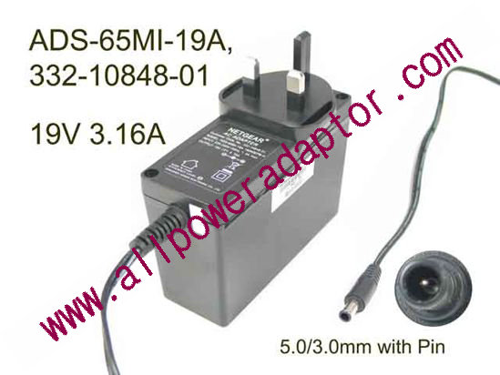 NETGEAR ADS-65MI-19A AC Adapter 19V 3.16A, Barrel 5.0/3.0mm with Pin, UK 3-Pin Plu - Click Image to Close