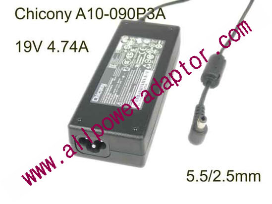 Chicony A10-090P3A AC Adapter- Laptop 19V 4.74A, Barrel 5.5/2.5mm , 3-Prong, New