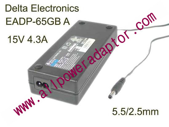 Delta Electronics EADP-65GB A AC Adapter- Laptop 15V 4.3A, Barrel 5.5/2.5mm, 2-Prong