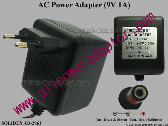 Solidex AC Adapter 5V-12V 9V 1A, 5.5/2.1mm, EU 2-Pin Plug