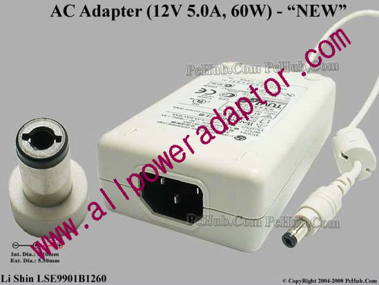 Li Shin LSE9901B1260 AC Adapter 5V-12V 12V 5A, 5.5/2.1mm, C14, White, New