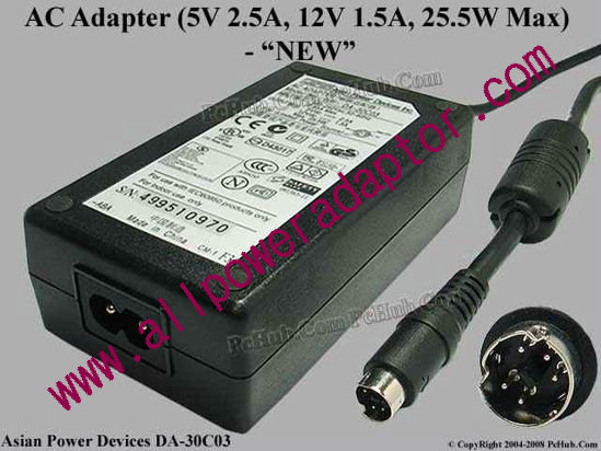 APD / Asian Power Devices DA-30C03 AC Adapter 5V-12V 12V 1.5A, 5V 2.5A, 5-P D, P12=5V P3=12V, 2-P, New