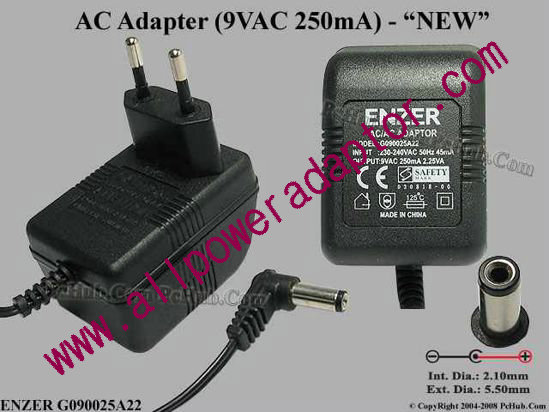 ENZER G090025A22 AC Adapter 5V-12V 9VAC 0.25A, Tip B, NEW