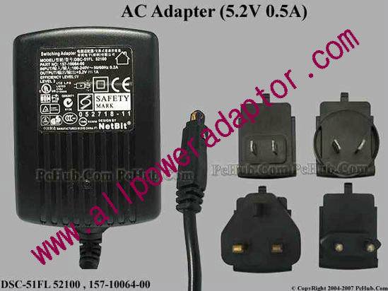 DVE DSC-51FL 52100 AC Adapter 5V-12V 157-10064-00, 5.2V 1A