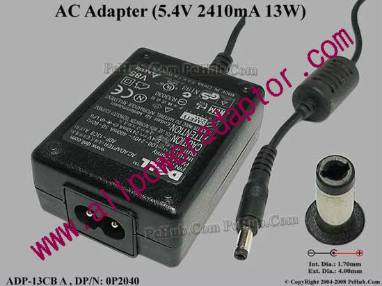 Dell AC Adapter 5V-12V 5.4V 2.41A, 4.0/1.7mm, 2-Prong