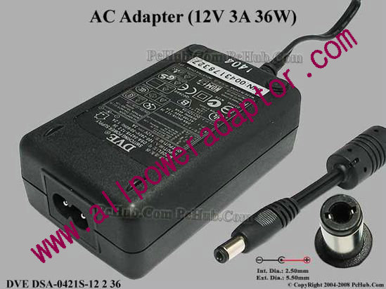 DVE DSA-0421S-12 AC Adapter 5V-12V 12V 3A, 5.5/2.5mm, 2-Prong