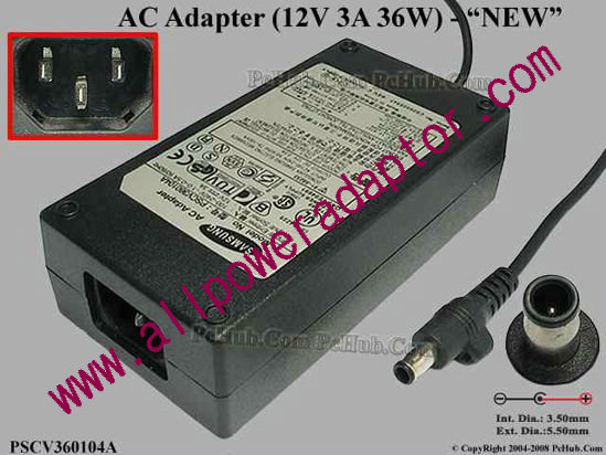 Samsung Laptop AC Adapter 5V-12V 12V 3A, 5.5/3.0mm With Pin, C14, New