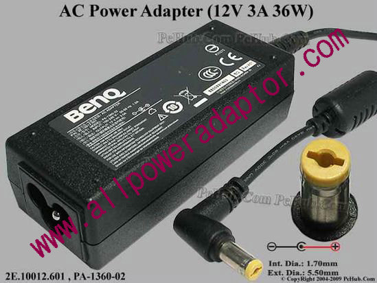 BenQ AC Adapter 5V-12V 12V 3A, 5.5/1.7mm, 3-Prong