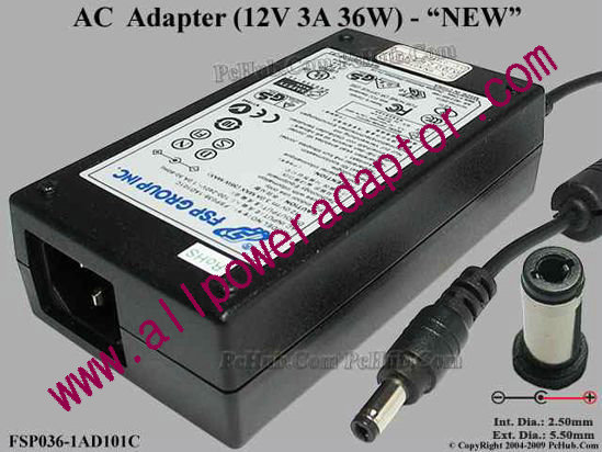 FSP Group Inc FSP036-1AD101C AC Adapter 5V-12V 12V 3A, 5.5/2.5mm 12mm, C14, New