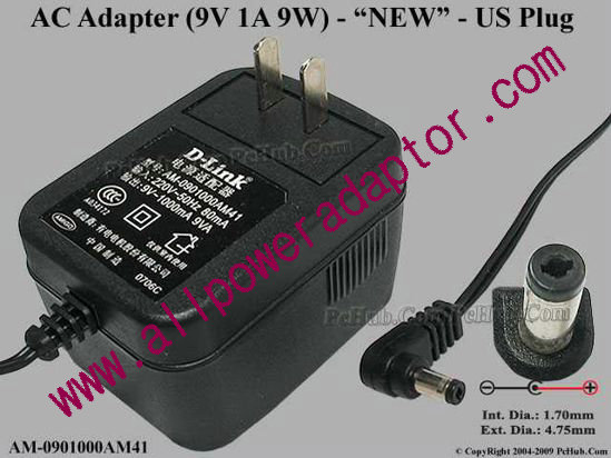 D-Link AM-0901000AM41 AC Adapter 5V-12V 9V 1A, Barrel 4.7/1.7mm, US 2-Pin Plug, New