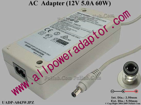 Sharp UADP-A043WJPZ AC Adapter 5V-12V 12V 5A, Barrel 5.5/2.5mm, 2-Prong, New