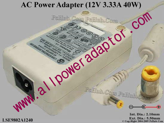 Li Shin LSE9802A1240 AC Adapter 5V-12V 12V 3.33A, 5.5/2.1mm, 3-Prong, White - Click Image to Close