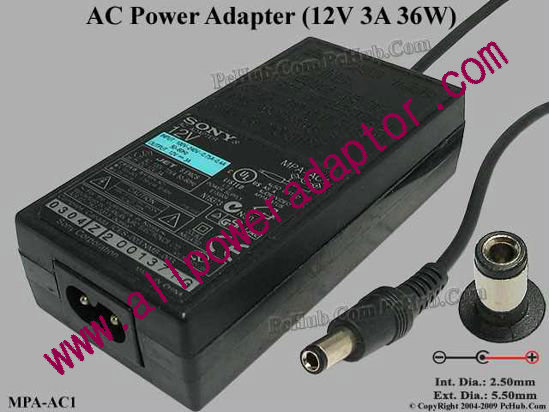 Sony AC Adapter 5V-12V 12V 3A, 5.5/2.5mm, 2-Prong