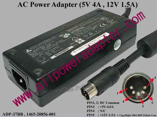 Delta Electronics ADP-37BB AC Adapter 5V-12V 12V 1.5A, 5V 4A, 5-Pin, (1 row), C14