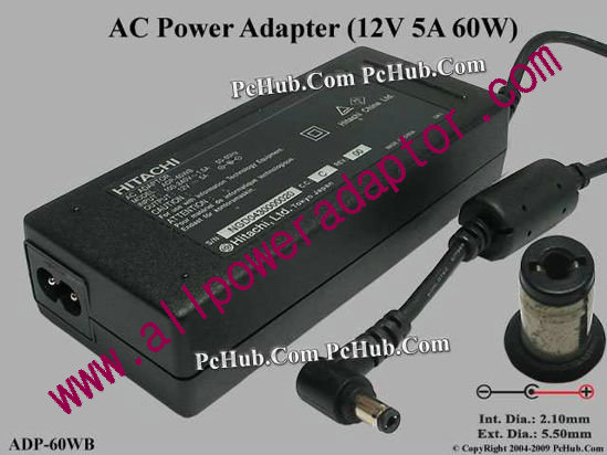 Hitachi AC Adapter 5V-12V 12V 5A, 5.5/2.1mm, 2-Prong