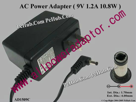 Deer Computer AC Adapter 5V-12V AD1509C, 9V 1.2A, (1.7/4.0mm), 2 Flat-pin Plug