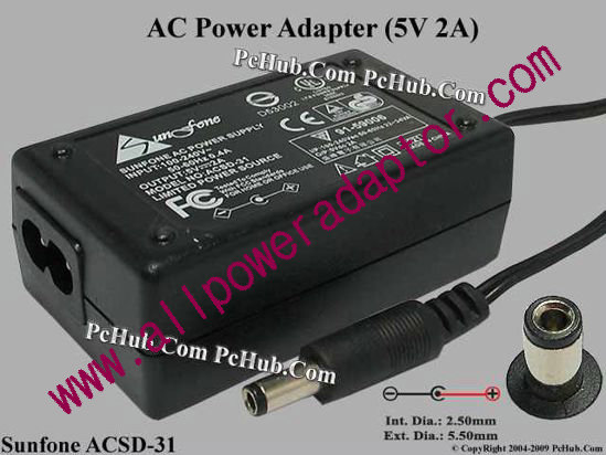 Sunfone AC Adapter 5V-12V 5V 2A, 2.5/5.5mm, 2-Prong