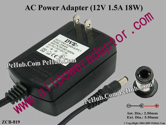 DVE ZCB-819 AC Adapter 5V-12V 12V 1.5A, 5.5/2.5mm, US 2-Pin Plug