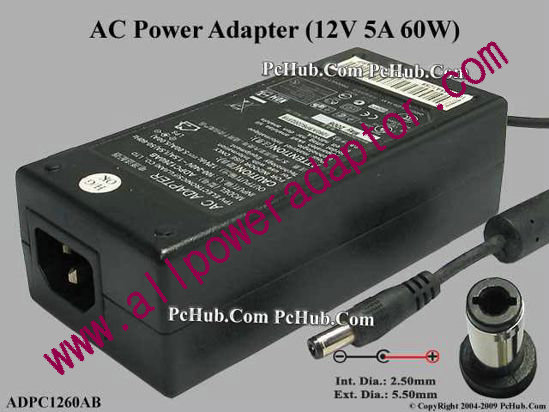 TPV Electronics AC Adapter 5V-12V 12V 5A, 5.5/2.5mm, C14