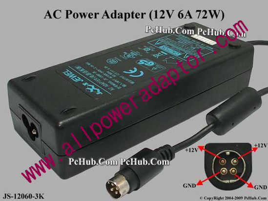Jewel JS-12060-3K AC Adapter 5V-12V 12V 6A, 4-Pin P14=V, 3-Prong