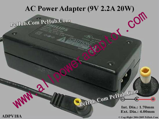 Philips AC Adapter 5V-12V ADPV18A , 9V 2.2A, (1.7/4.0mm), 2-prong