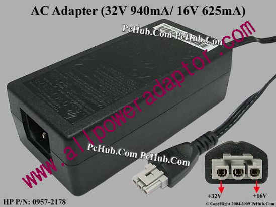 HP AC Adapter 0957-2178, 32V 940mA/ 16V 625mA, 3-pin, (IEC C14)