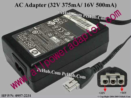 HP AC Adapter 0957-2231, 32V 375mA/ 16V 500mA, 3-pin, 2-prong - Click Image to Close