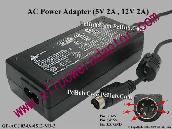 Sunfone AC Adapter 5V-12V 12V 2A, 5V 2A, 5P, P3=12V, P45=5V, 2-Prong
