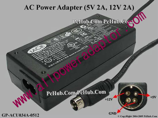 Lacie AC Adapter 5V-12V 12V 2A, 5V 2A, 4P, P1=5V, P4=12V, 2-Prong